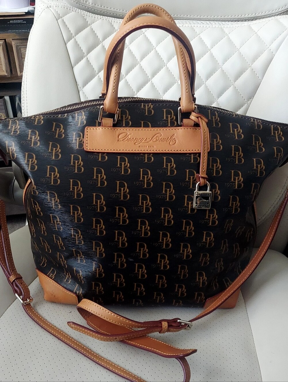 Dooney & Bourke Brown and Tan Signature Logo Dome Satchel with Shoulder Strap
